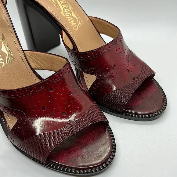 Salvatore Ferragamo Cherry Leather Nuala Block Heel Sandals Shoes **Sz 10**π₯π₯ - Picture 4 of 11